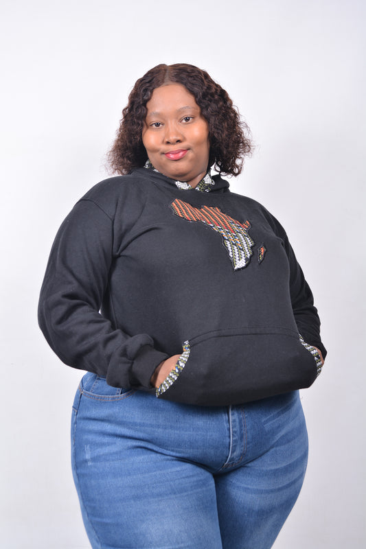 T8244 Traditional African Black Jacket with Black, Orange, Maroon, Blue & White Africa Map