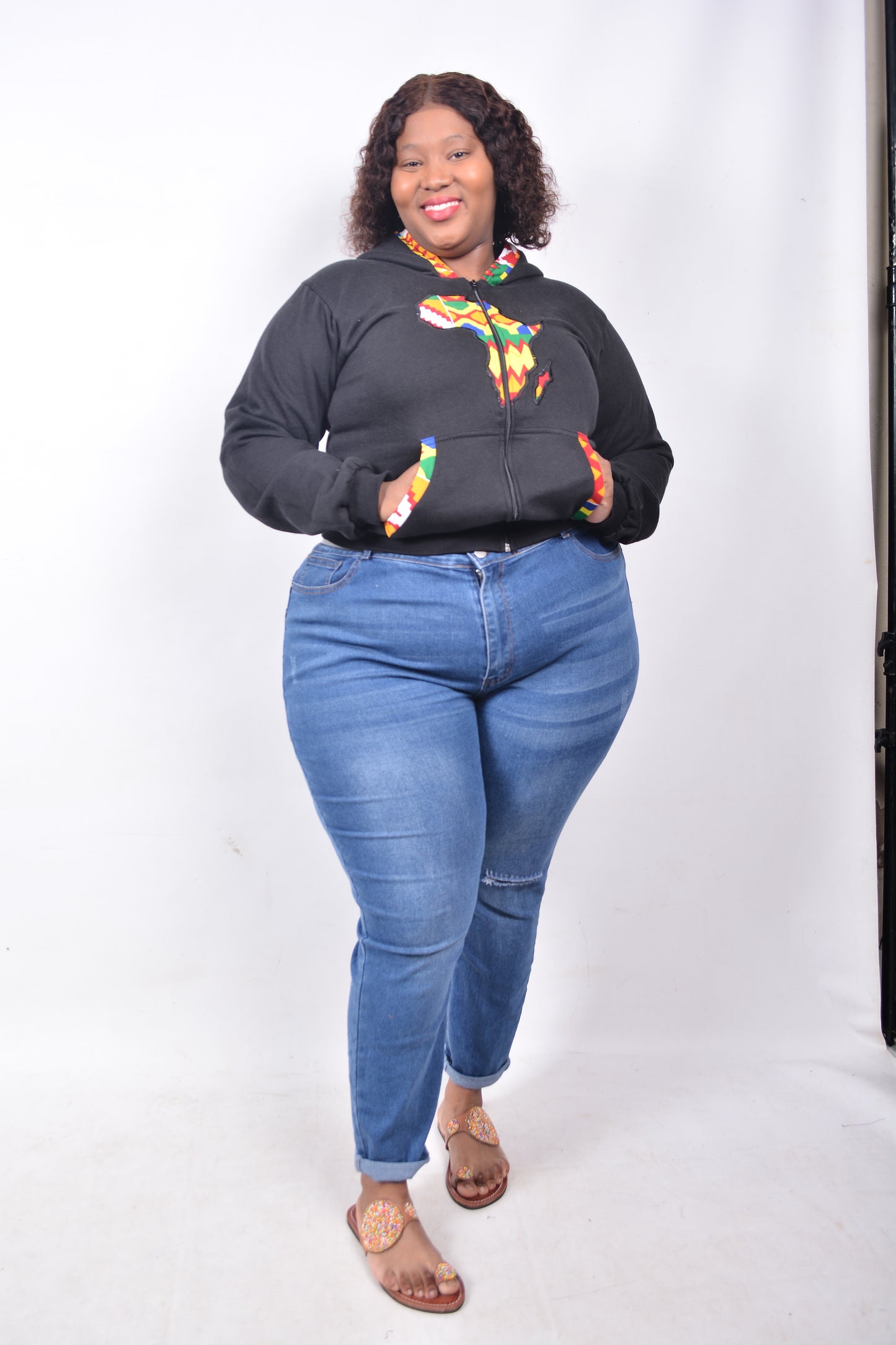 T8241 Traditional African Black Jacket with centre zip and Yellow, Green & Red Africa Map