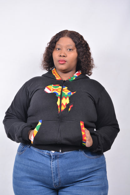 T8241 Traditional African Black Jacket with centre zip and Yellow, Green & Red Africa Map