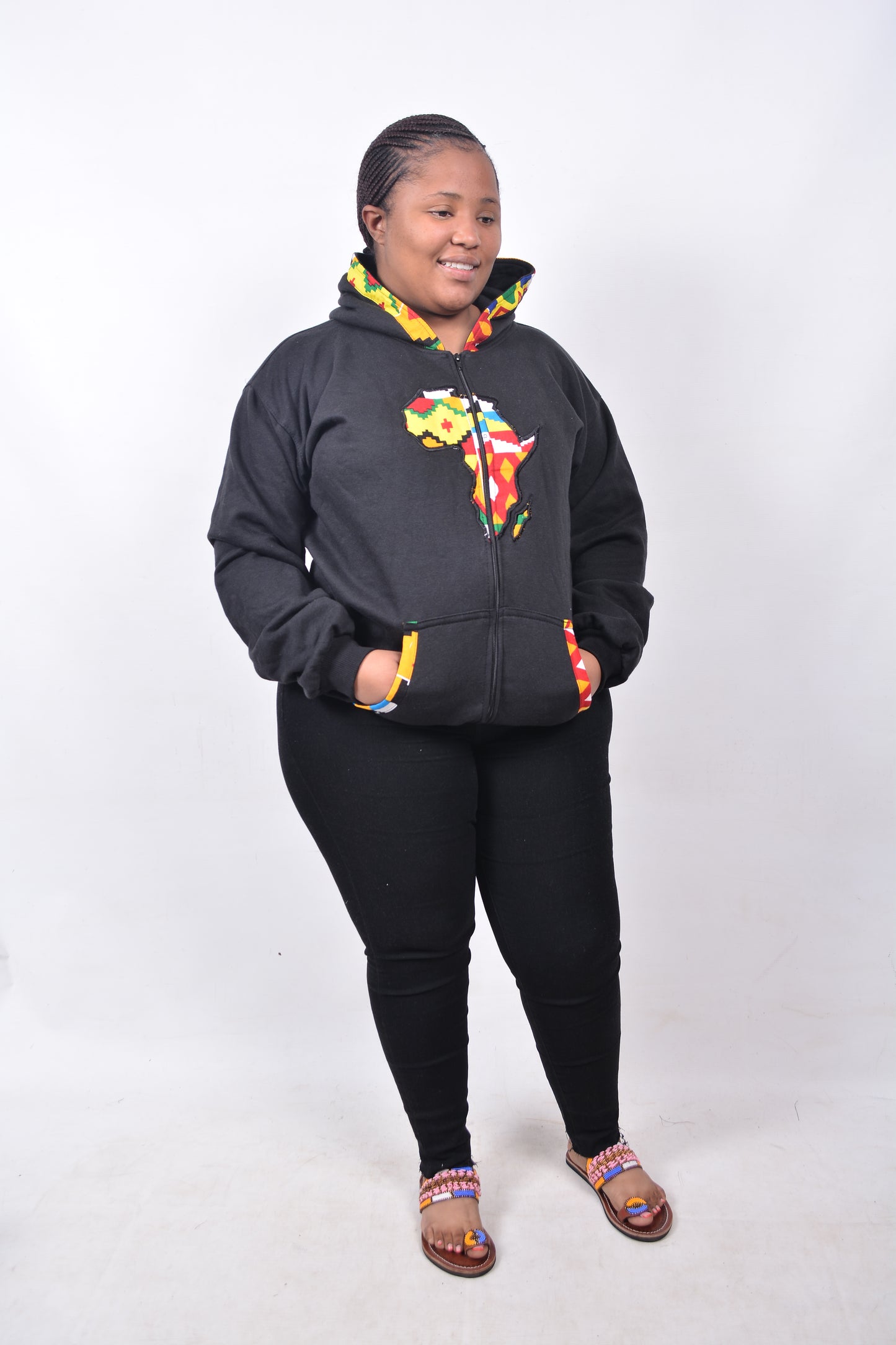 T8241 Traditional African Black Jacket with centre zip and Yellow, Green & Red Africa Map