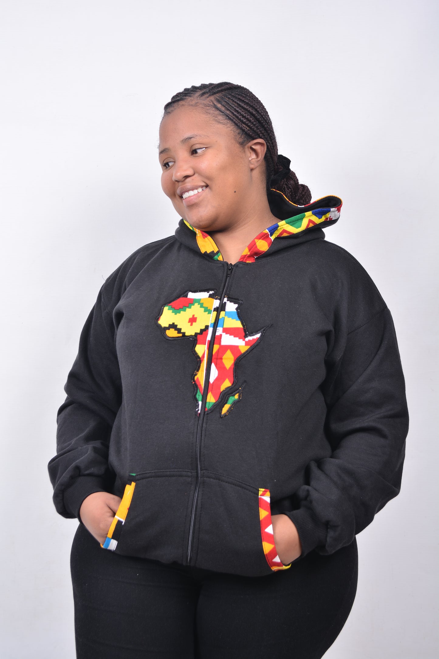 T8241 Traditional African Black Jacket with centre zip and Yellow, Green & Red Africa Map