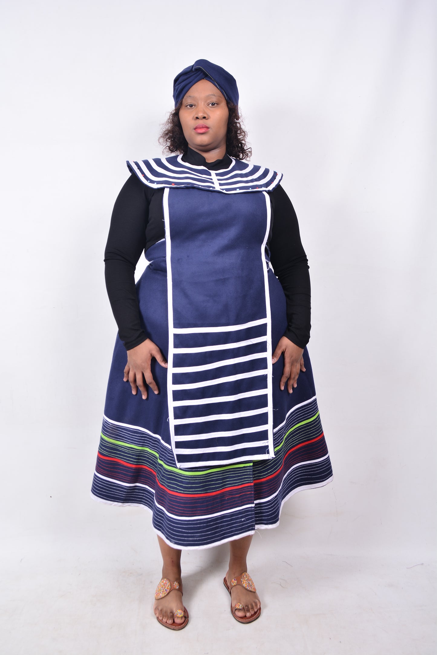 T8237 Traditional Xhosa 3 piece African Navy with White, Green & Red stripes Outfit