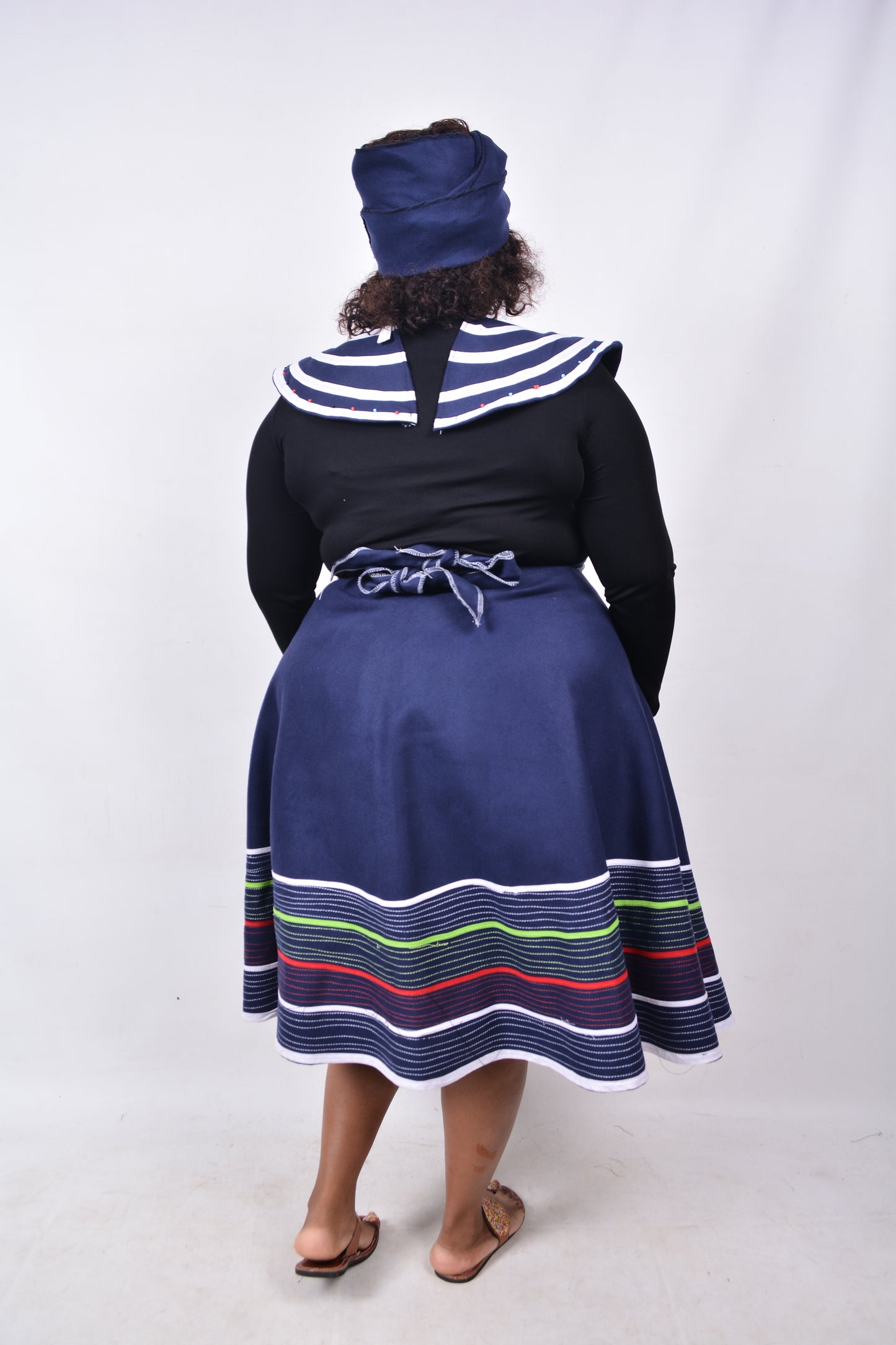 T8237 Traditional Xhosa 3 piece African Navy with White, Green & Red stripes Outfit
