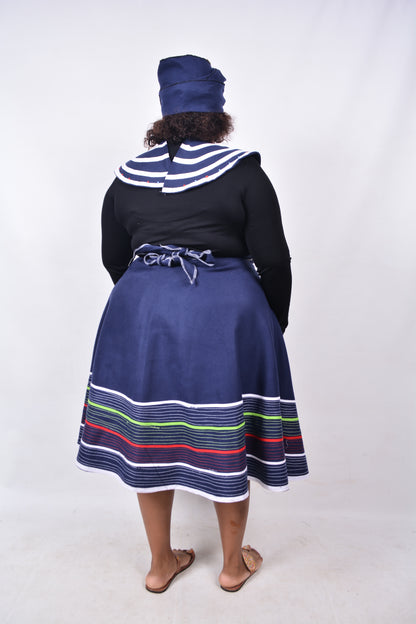 T8237 Traditional Xhosa 3 piece African Navy with White, Green & Red stripes Outfit