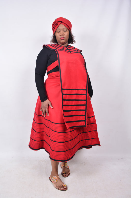 T8239 Traditional Xhosa 3 piece African Bright Red & Black Outfit