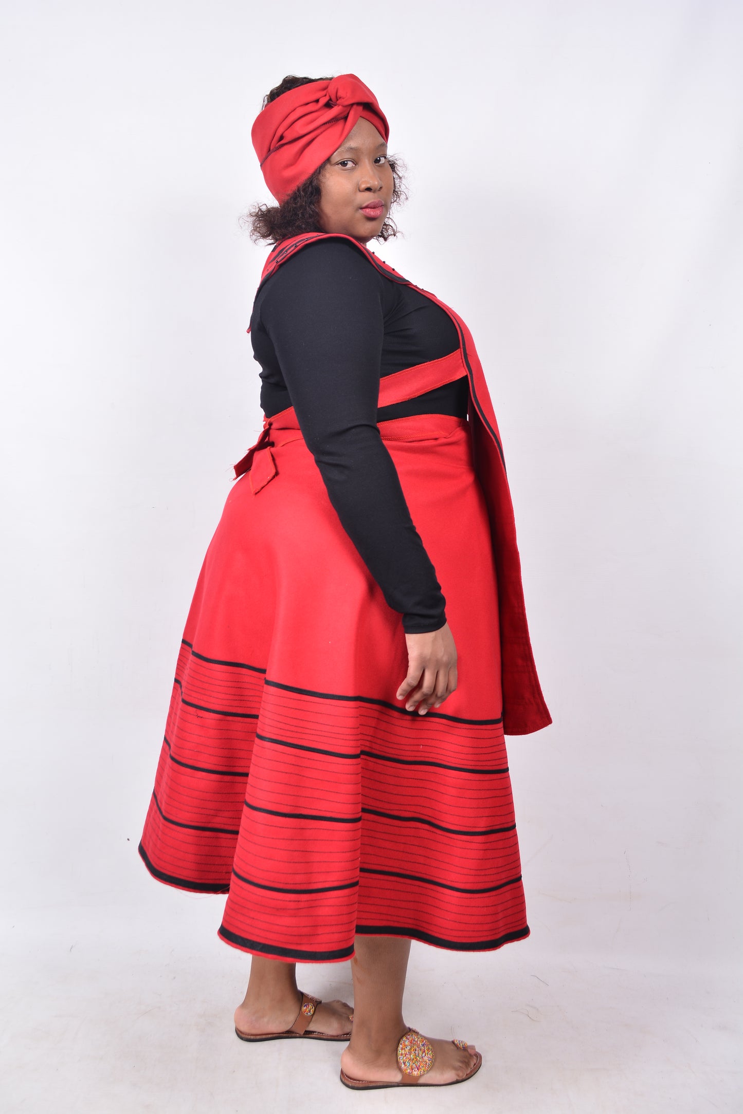 T8239 Traditional Xhosa 3 piece African Bright Red & Black Outfit