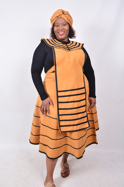T8240 Traditional Xhosa 3 piece African Mustard & Black Outfit