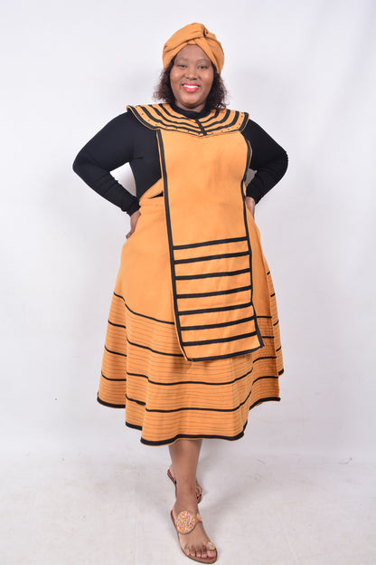 T8240 Traditional Xhosa 3 piece African Mustard & Black Outfit