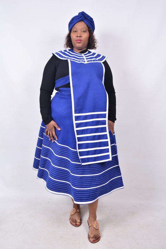 T8238 Traditional Xhosa 3 piece African Bright Blue & White Outfit