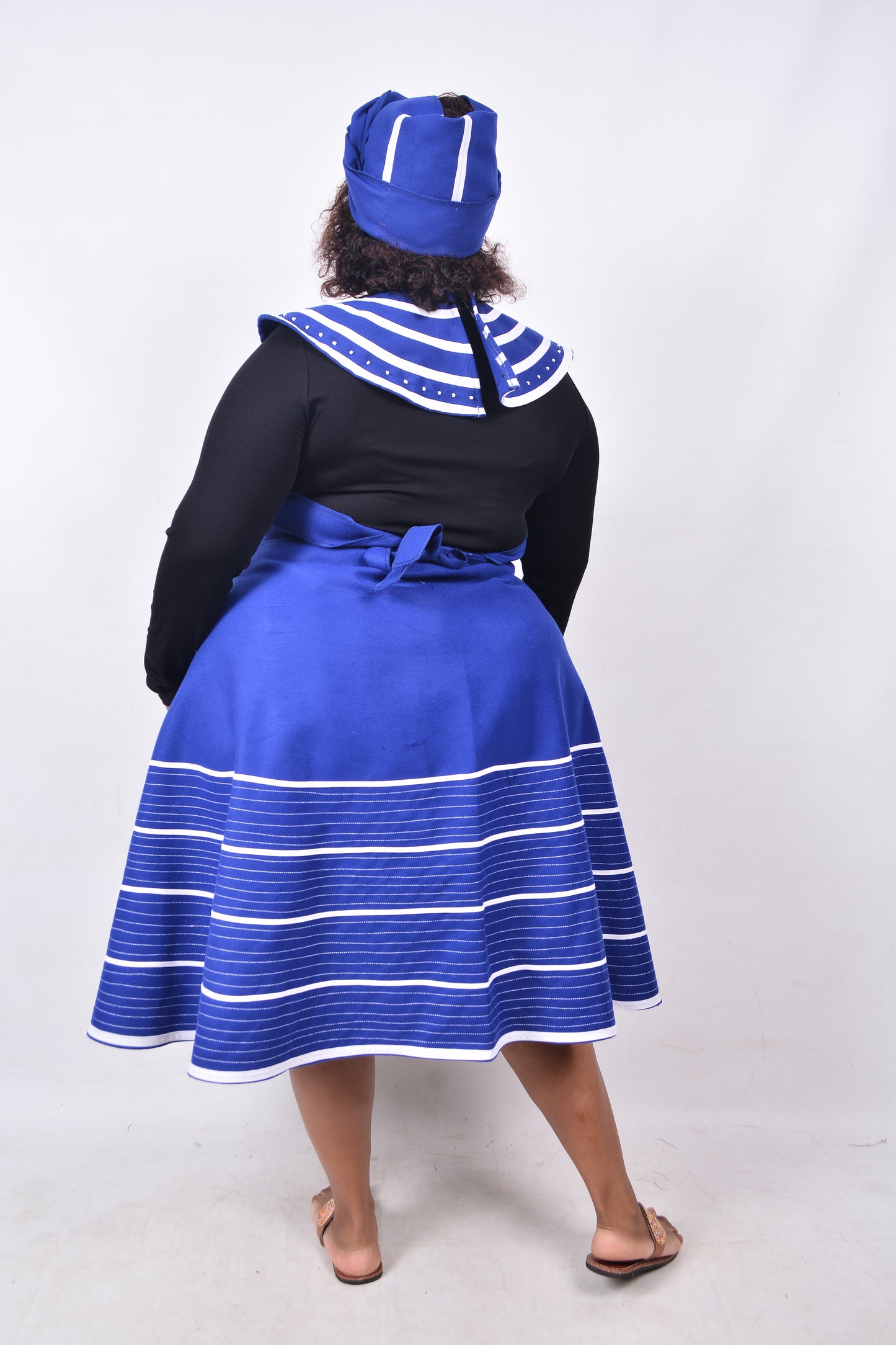 T8238 Traditional Xhosa 3 piece African Bright Blue & White Outfit