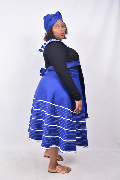 T8238 Traditional Xhosa 3 piece African Bright Blue & White Outfit
