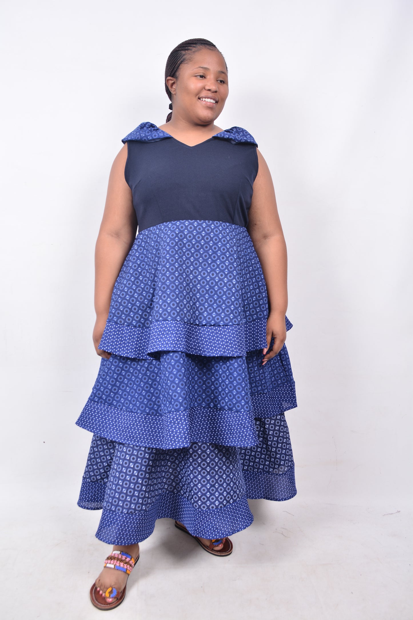 T8226 Traditional Shweshwe African Navy Blue, White & Black Dress