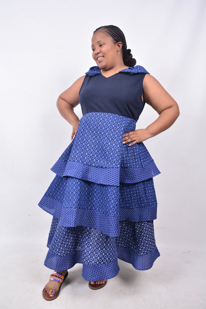 T8226 Traditional Shweshwe African Navy Blue, White & Black Dress
