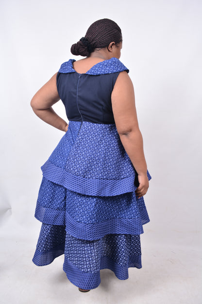 T8226 Traditional Shweshwe African Navy Blue, White & Black Dress