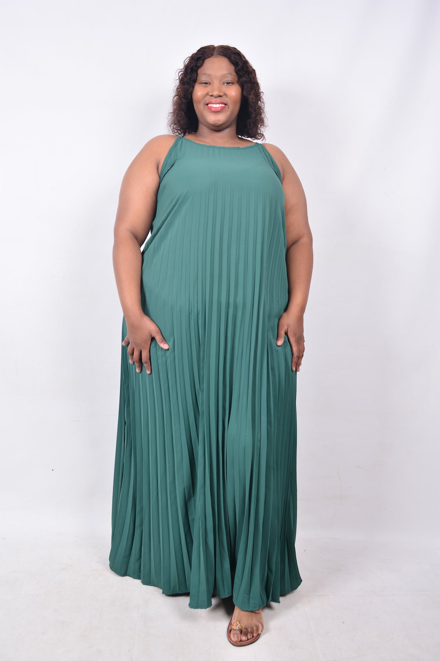 T8258  Ladies Green Maxi Sleeveless Pleated Dress with adjustable shoulder straps