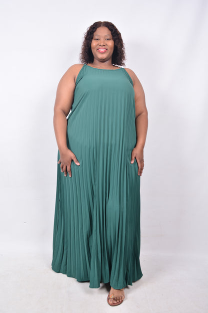 T8258  Ladies Green Maxi Sleeveless Pleated Dress with adjustable shoulder straps