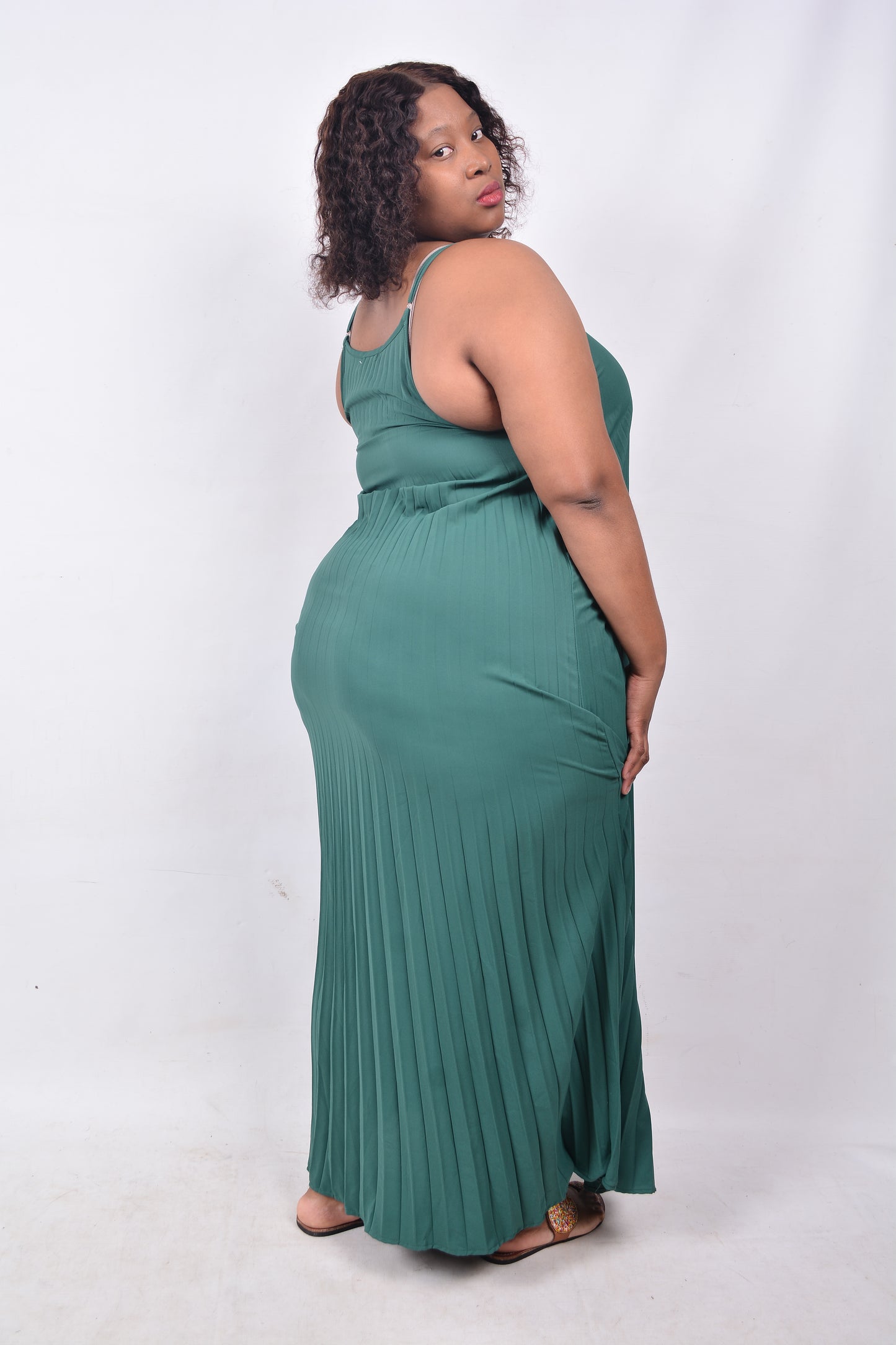 T8258  Ladies Green Maxi Sleeveless Pleated Dress with adjustable shoulder straps