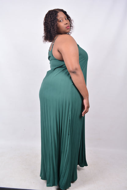 T8258  Ladies Green Maxi Sleeveless Pleated Dress with adjustable shoulder straps