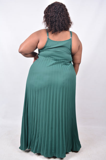 T8258  Ladies Green Maxi Sleeveless Pleated Dress with adjustable shoulder straps