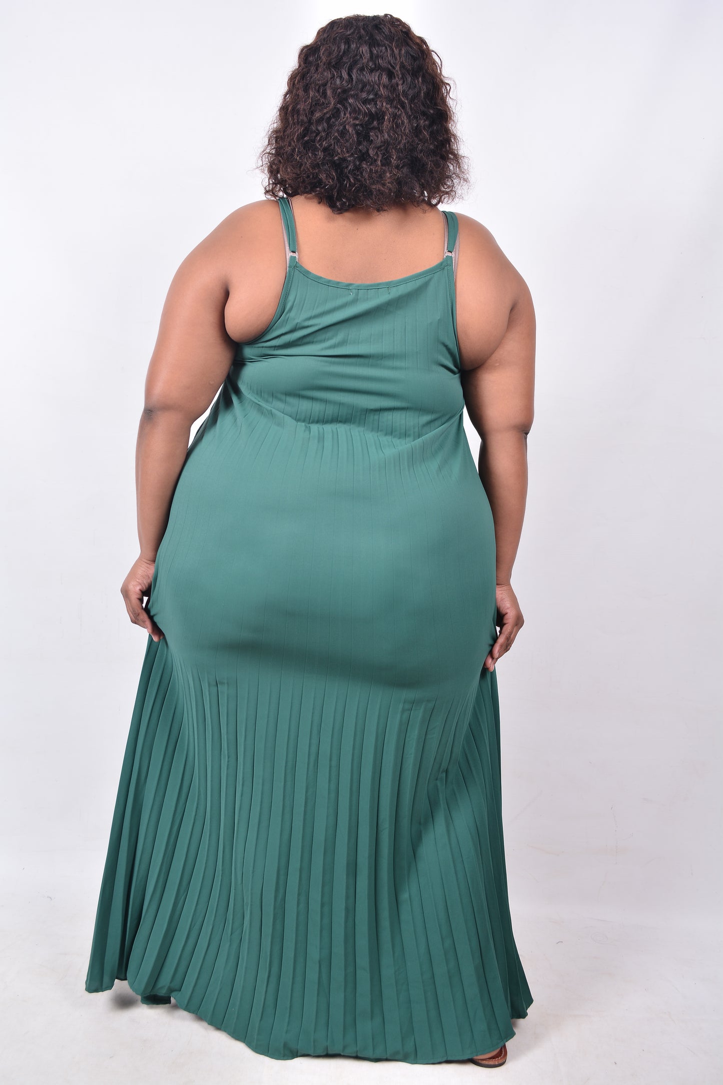 T8258  Ladies Green Maxi Sleeveless Pleated Dress with adjustable shoulder straps