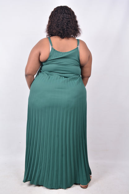 T8258  Ladies Green Maxi Sleeveless Pleated Dress with adjustable shoulder straps