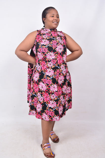 T8216 Traditional African Kente Fabric Pink, Red, White &  Black Dress