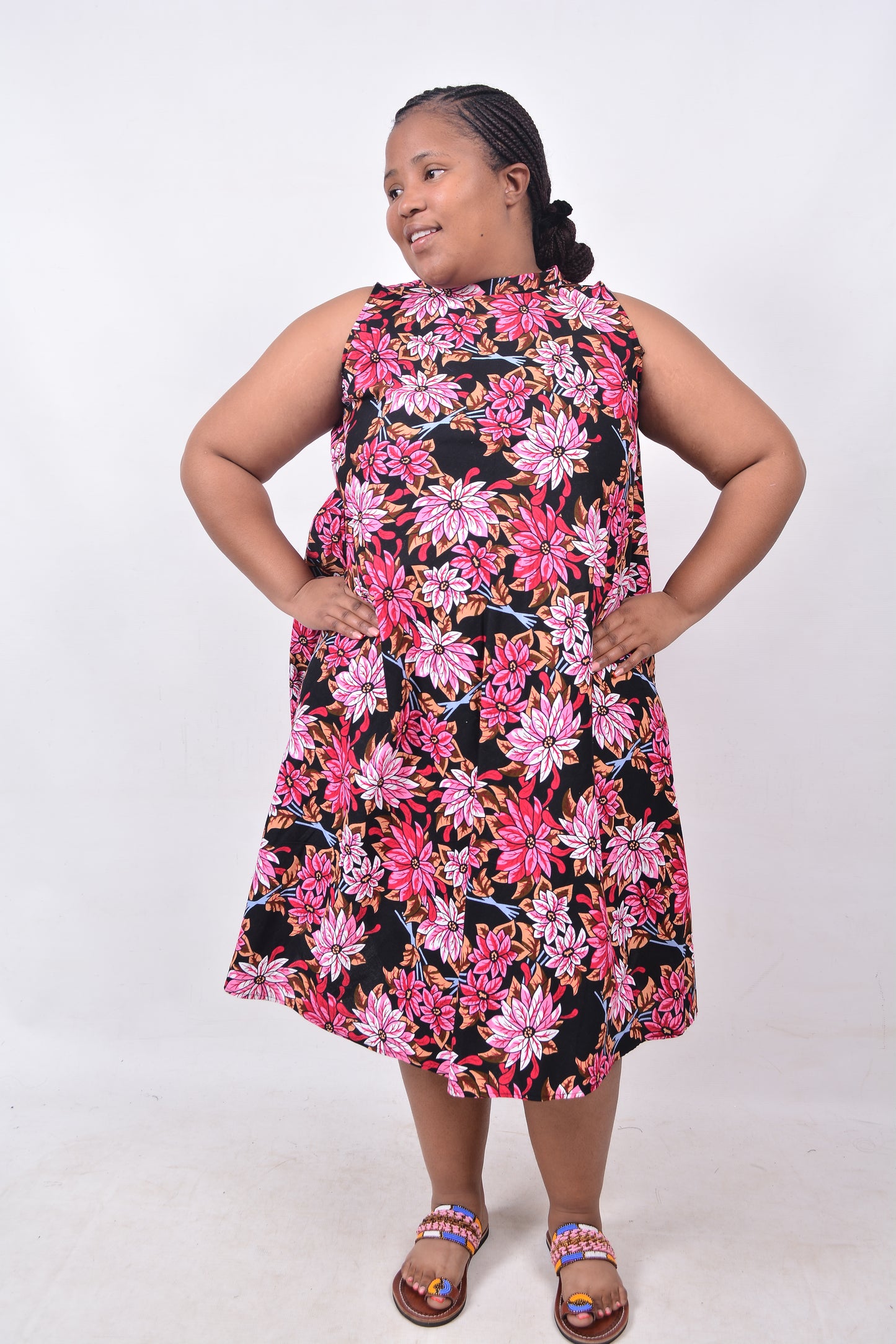 T8216 Traditional African Kente Fabric Pink, Red, White &  Black Dress