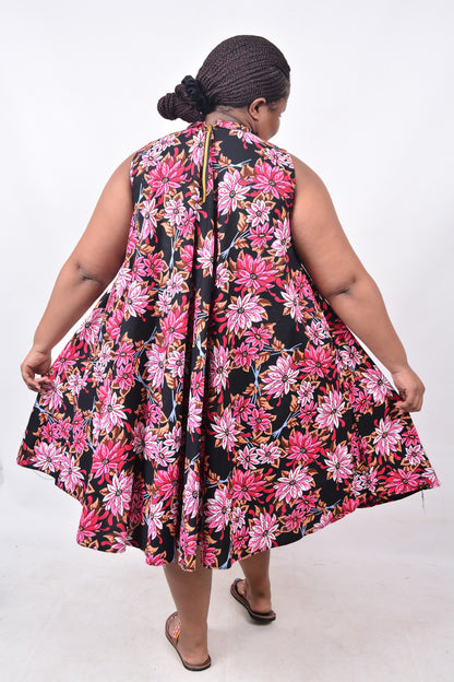 T8216 Traditional African Kente Fabric Pink, Red, White &  Black Dress
