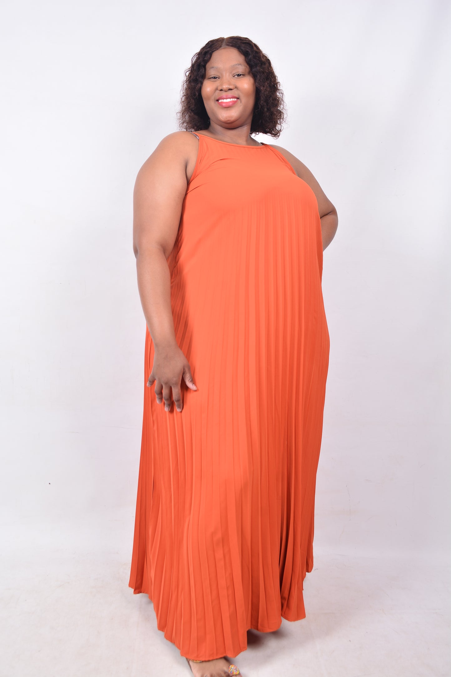 T8254 Ladies Orange Maxi Sleeveless Pleated Dress with adjustable shoulder straps