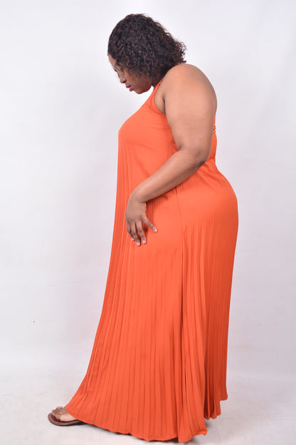 T8254 Ladies Orange Maxi Sleeveless Pleated Dress with adjustable shoulder straps