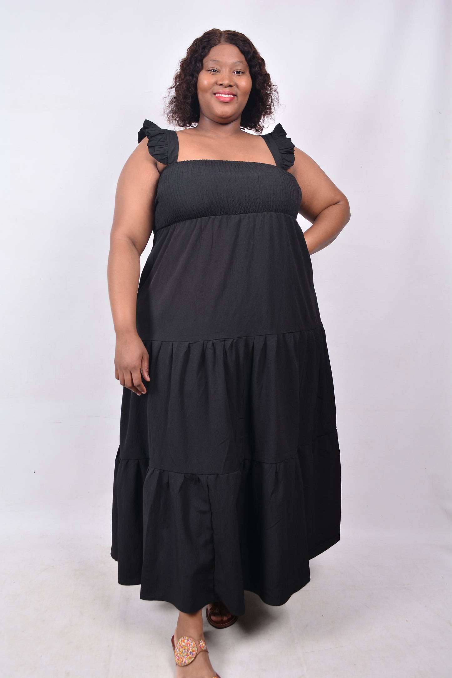T8252 Ladies Maxi Length Black Dress with elastic waist and frilled shoulder straps