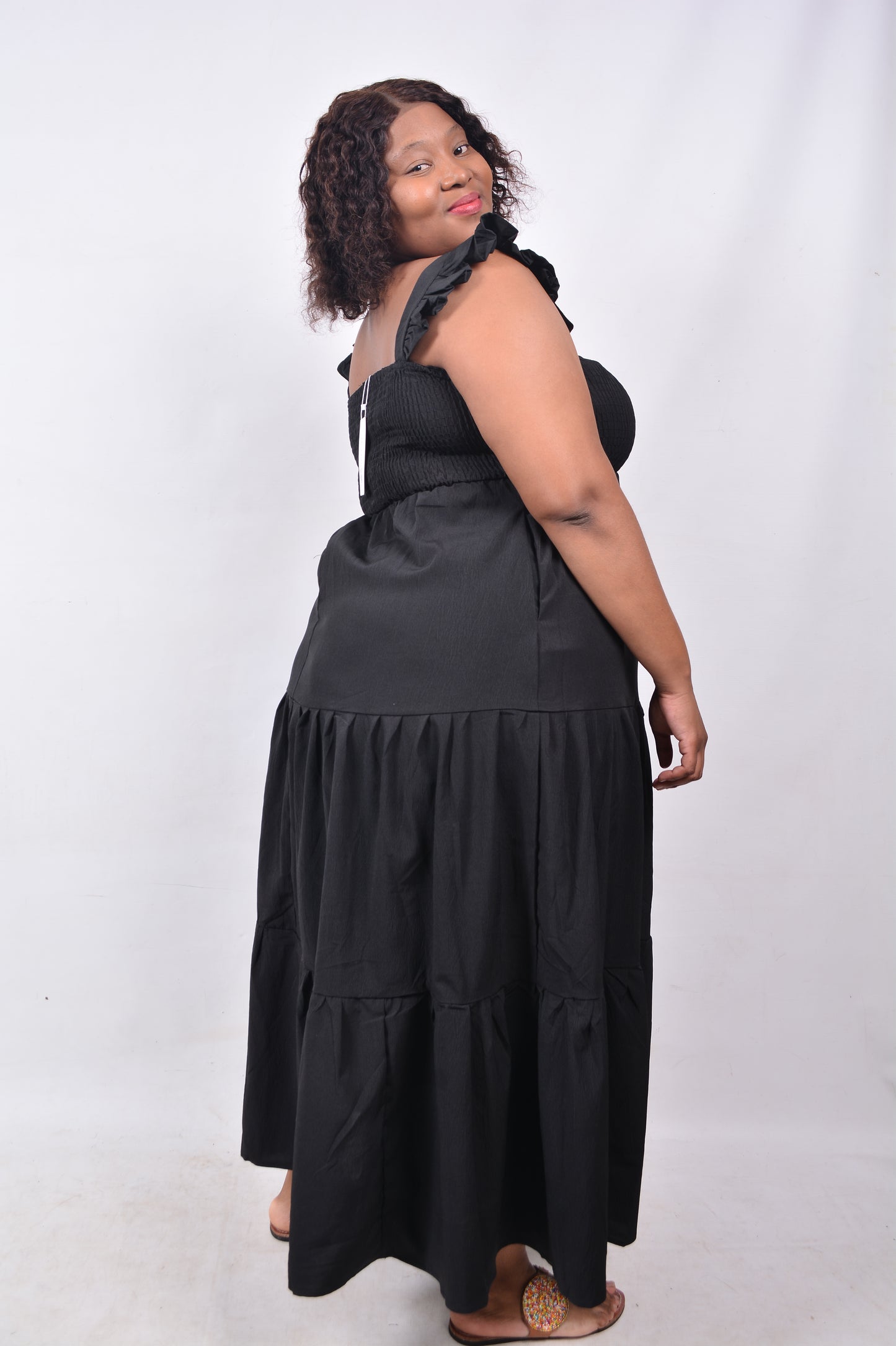 T8252 Ladies Maxi Length Black Dress with elastic waist and frilled shoulder straps