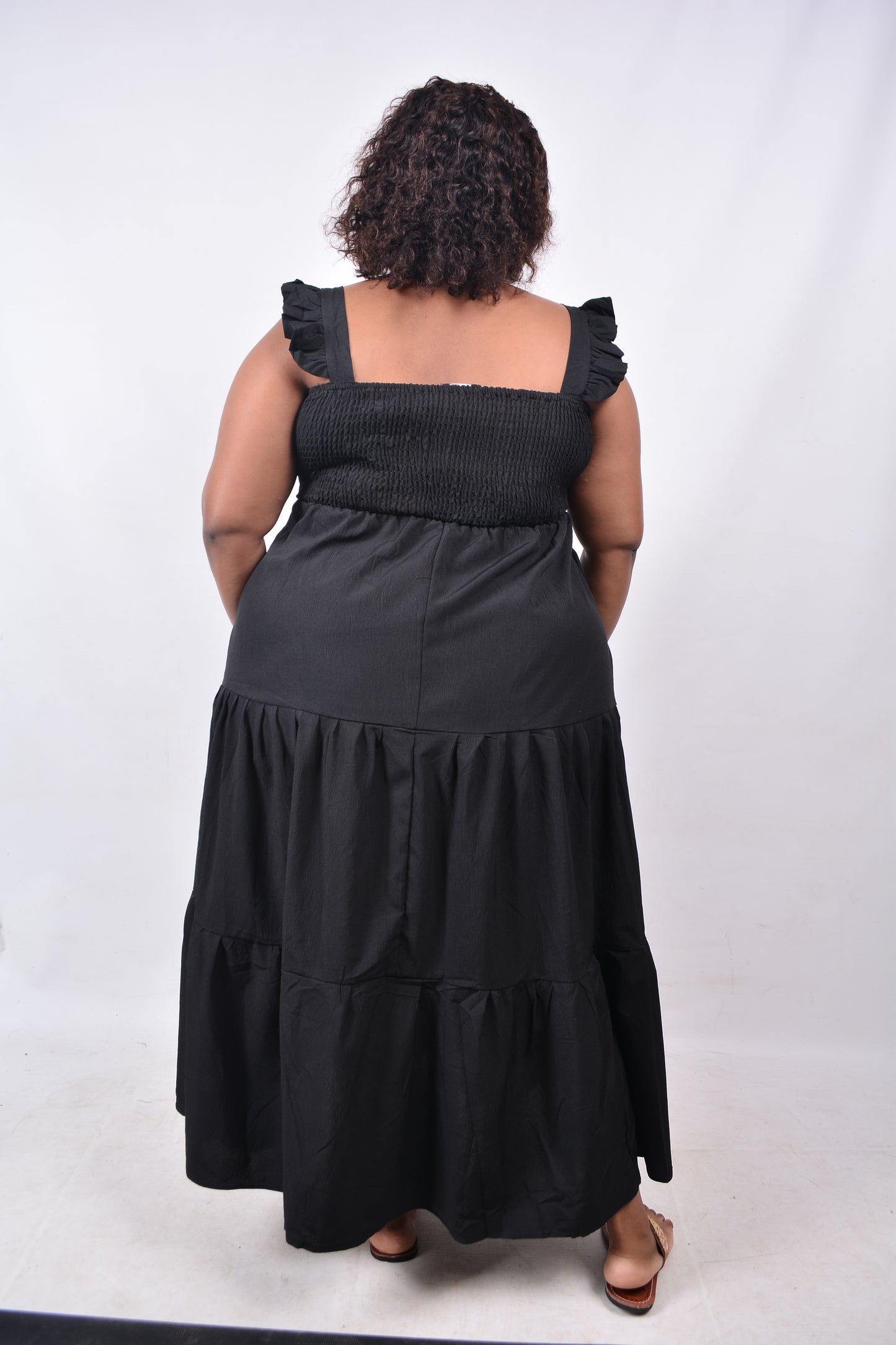 T8252 Ladies Maxi Length Black Dress with elastic waist and frilled shoulder straps