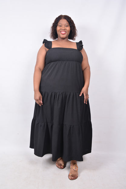 T8252 Ladies Maxi Length Black Dress with elastic waist and frilled shoulder straps