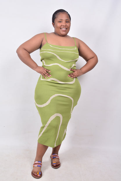 T8250 Ladies Green & Beige Woollen Dress