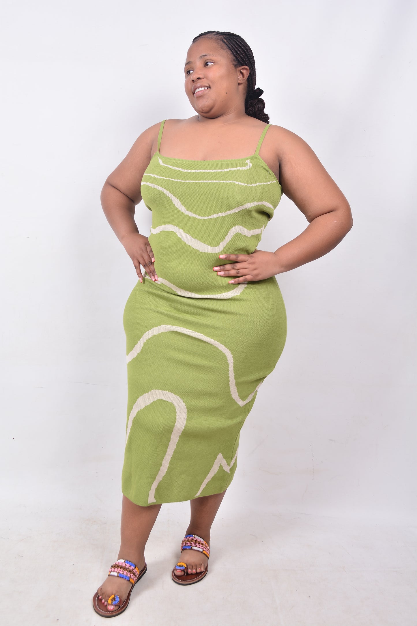 T8250 Ladies Green & Beige Woollen Dress