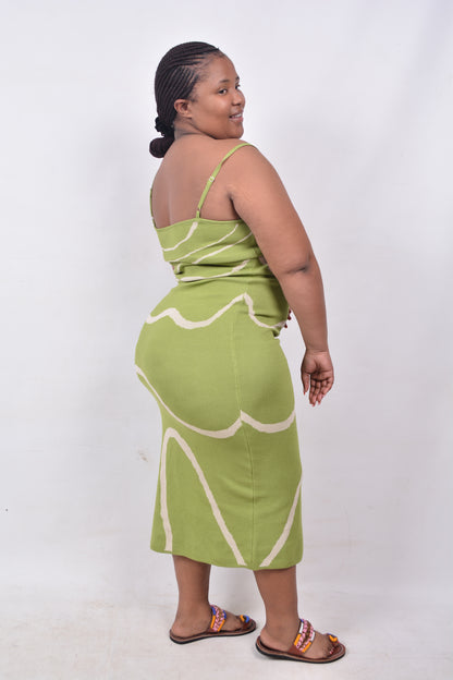 T8250 Ladies Green & Beige Woollen Dress