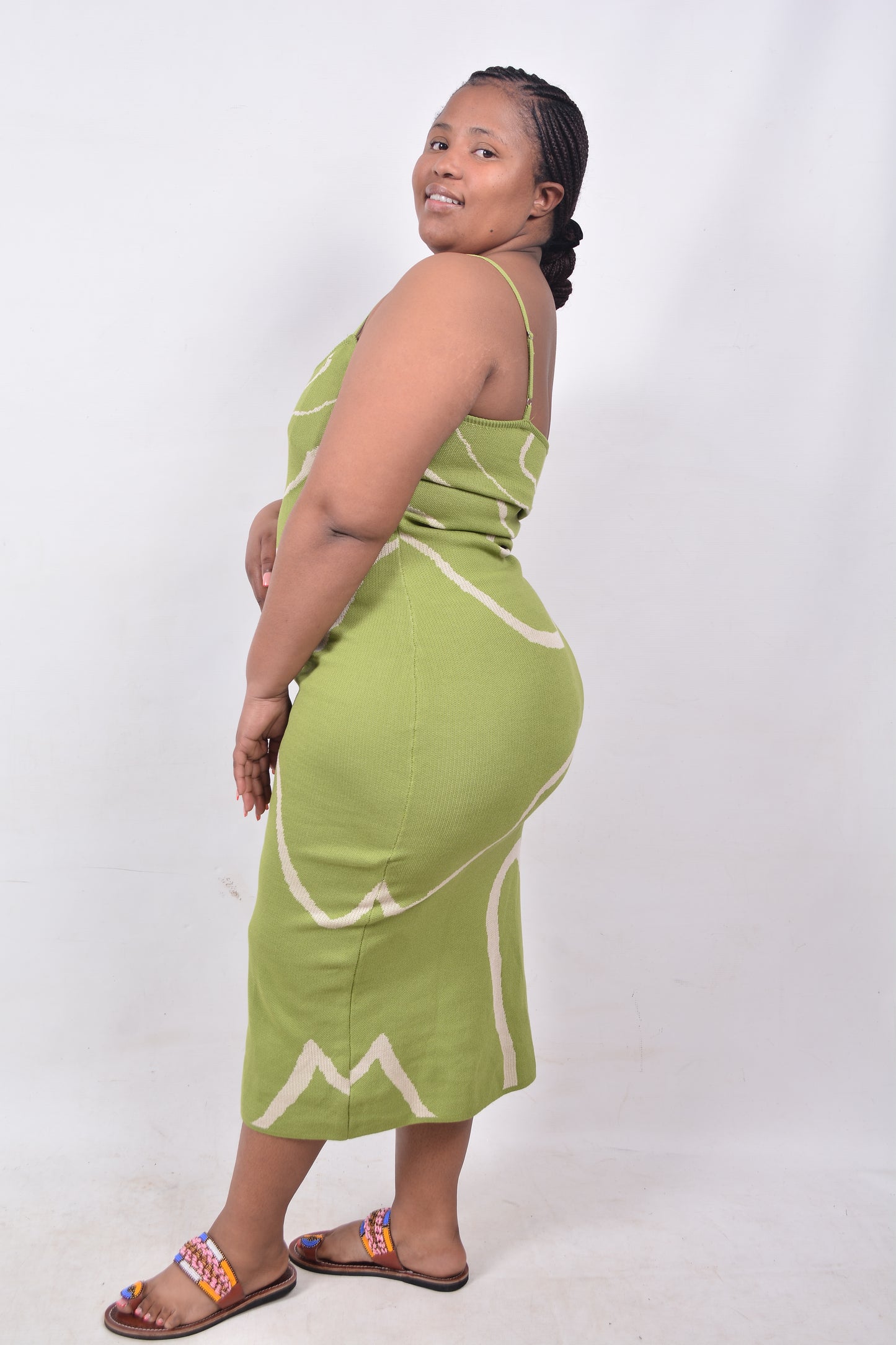 T8250 Ladies Green & Beige Woollen Dress