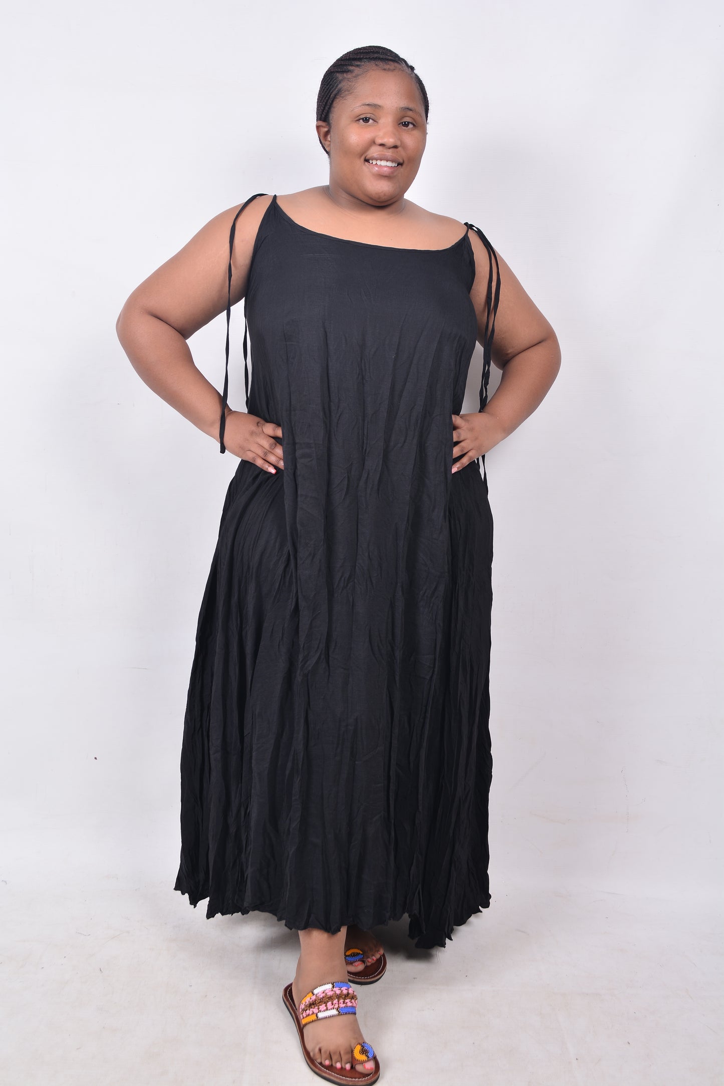 T8253 Ladies Free Flowing Black Maxi Dress with shoulder straps