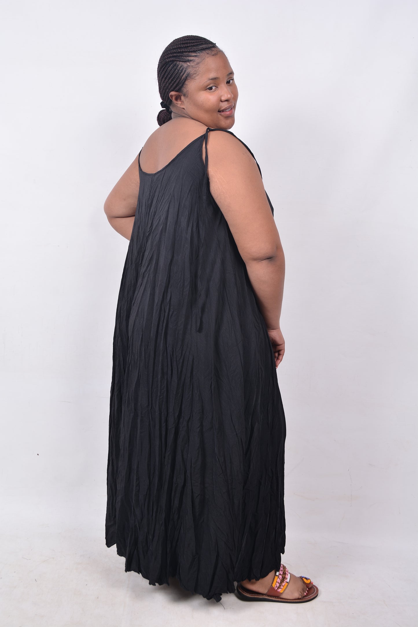T8253 Ladies Free Flowing Black Maxi Dress with shoulder straps