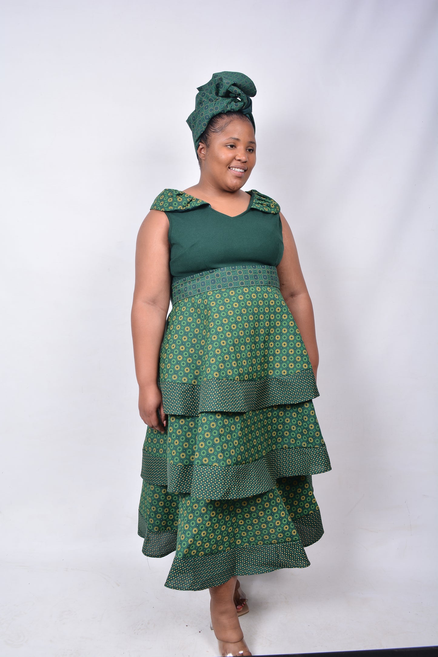 T8259 Ladies Tiered Shweshwe Green and Yellow Dress