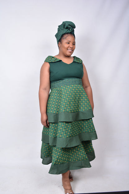T8259 Ladies Tiered Shweshwe Green and Yellow Dress