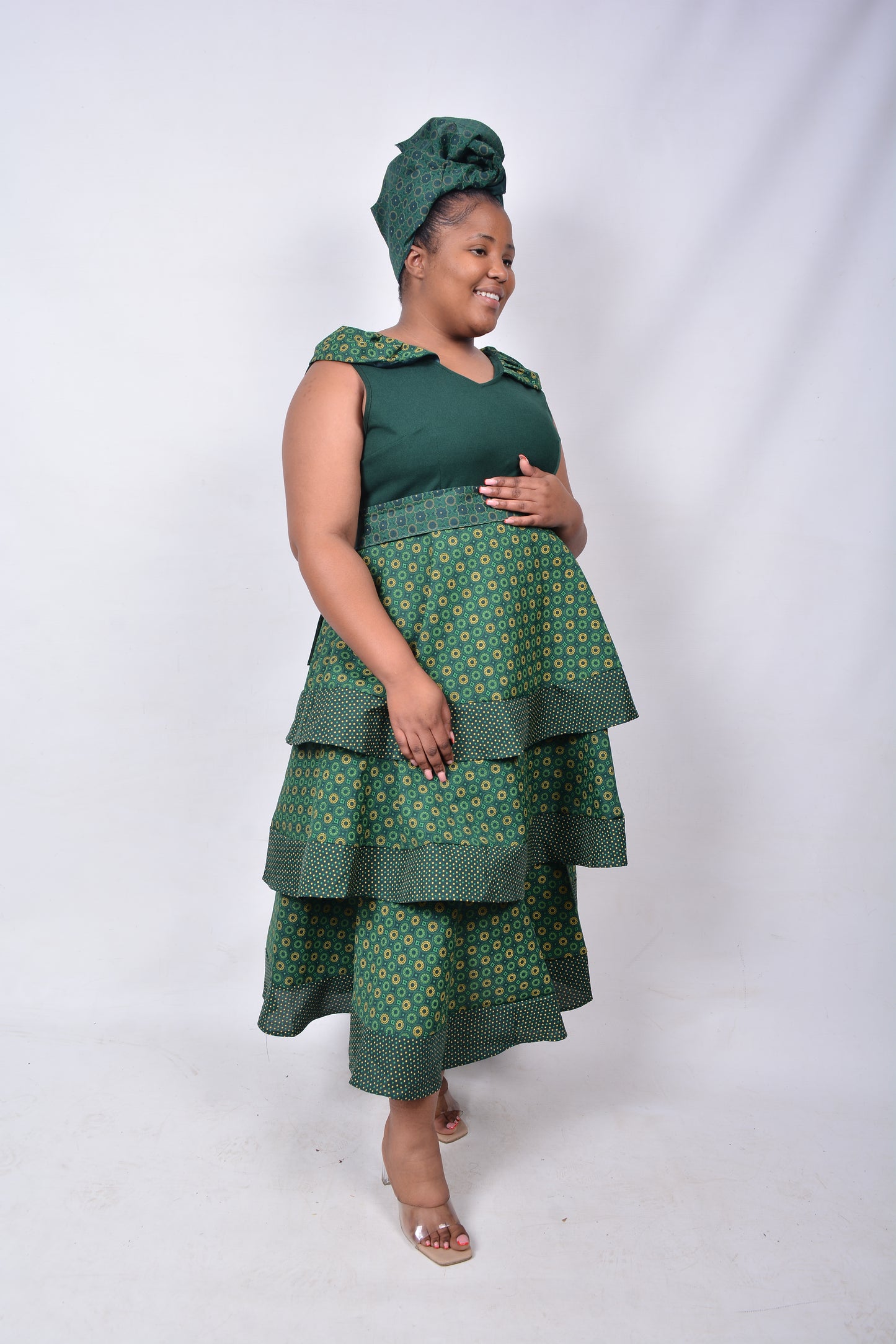 T8259 Ladies Tiered Shweshwe Green and Yellow Dress