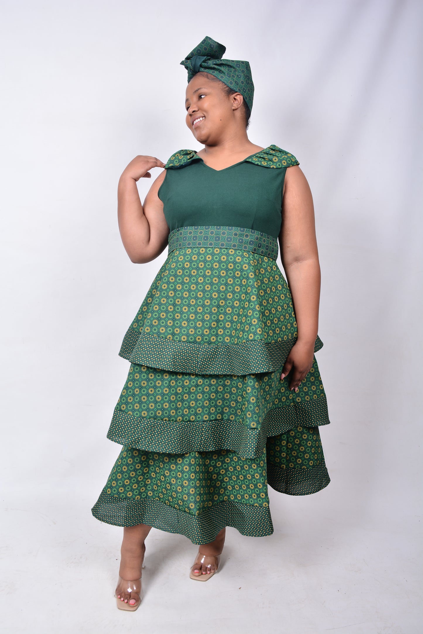 T8259 Ladies Tiered Shweshwe Green and Yellow Dress