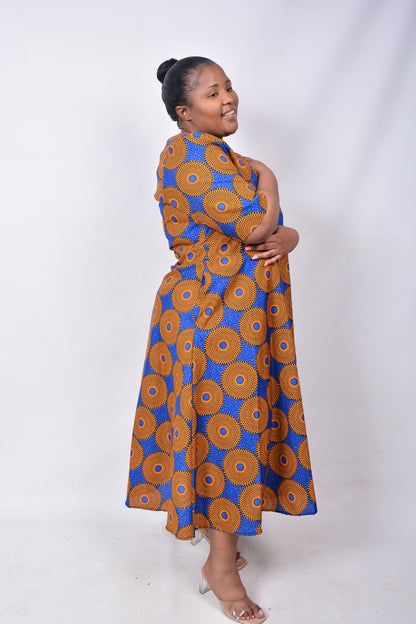 T8261 Ladies Shweshwe Mustard, Blue & Black Dress