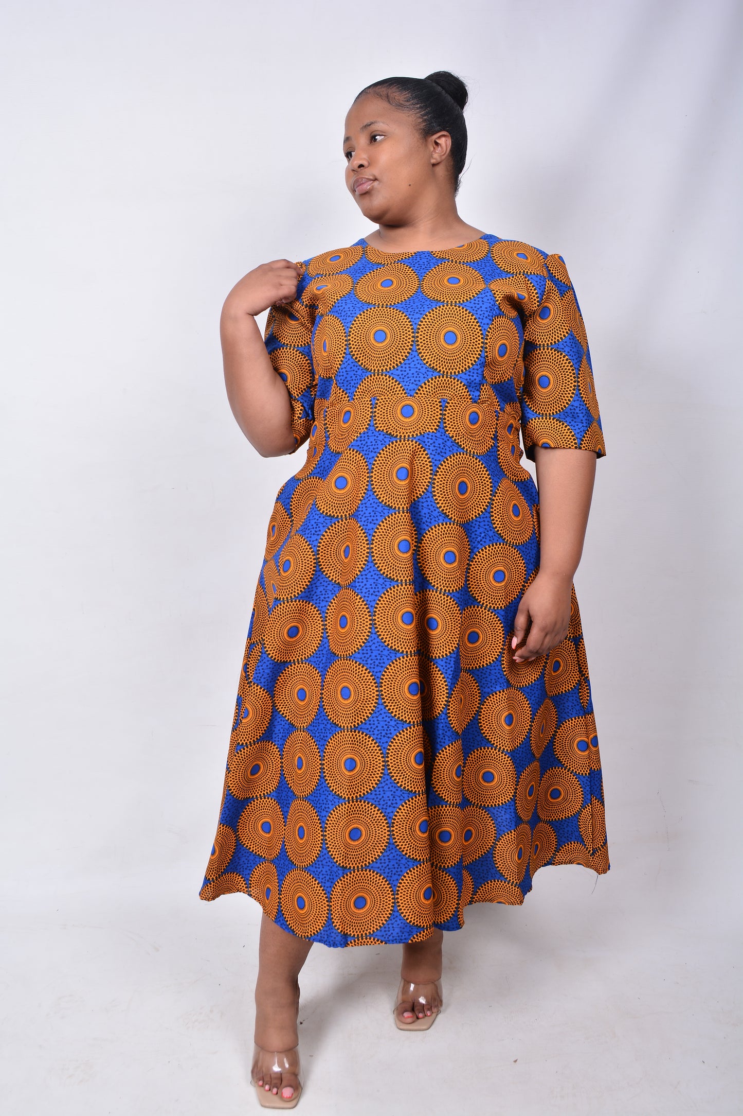 T8261 Ladies Shweshwe Mustard, Blue & Black Dress
