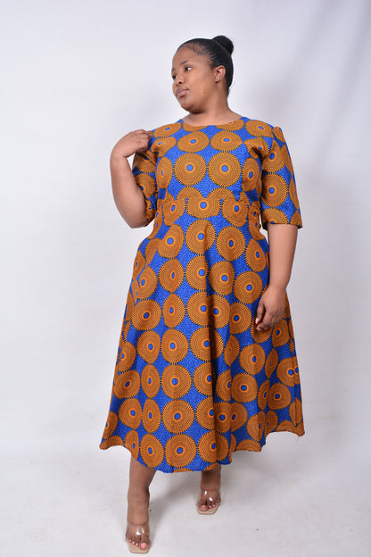 T8261 Ladies Shweshwe Mustard, Blue & Black Dress