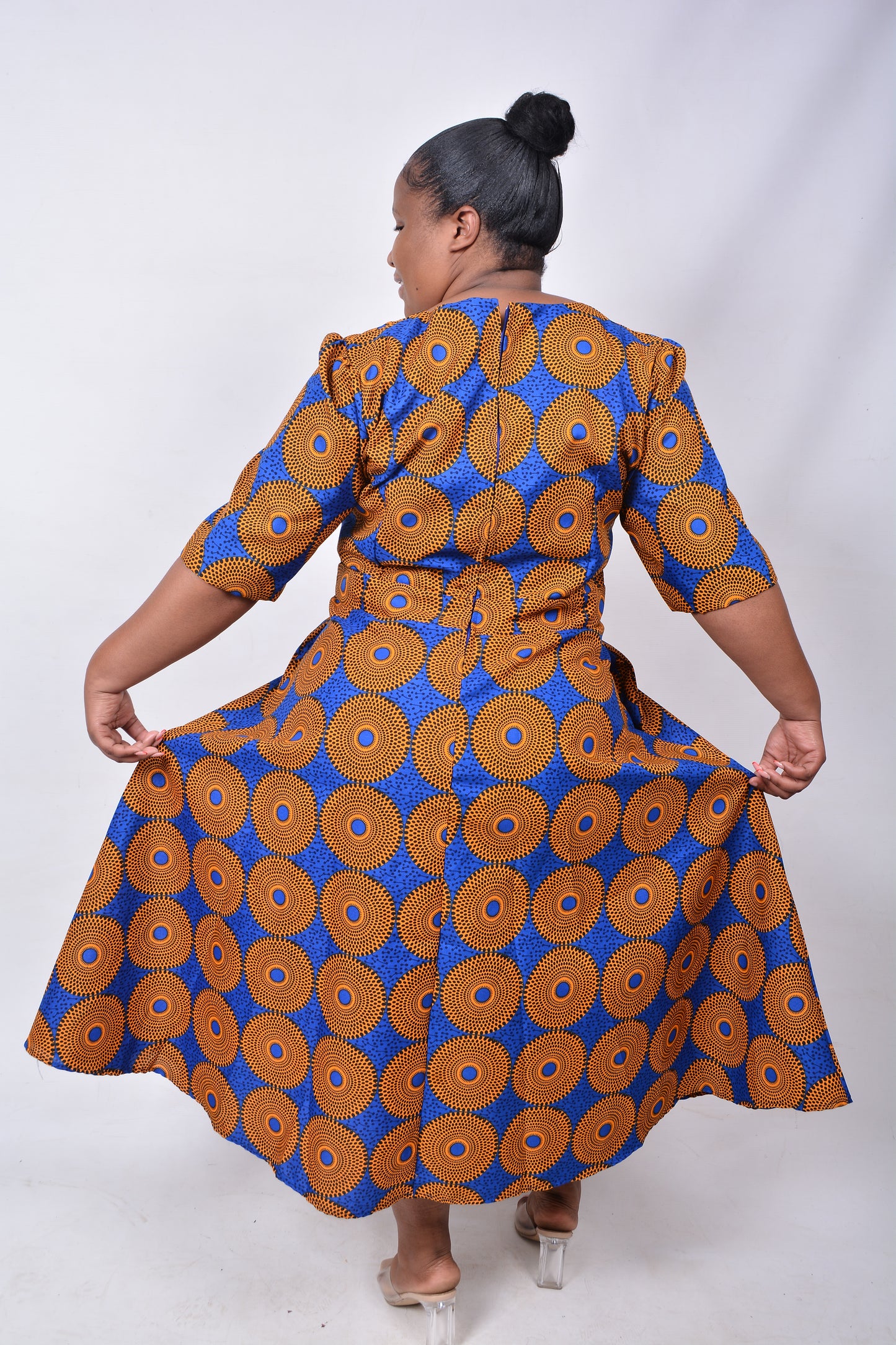 T8261 Ladies Shweshwe Mustard, Blue & Black Dress