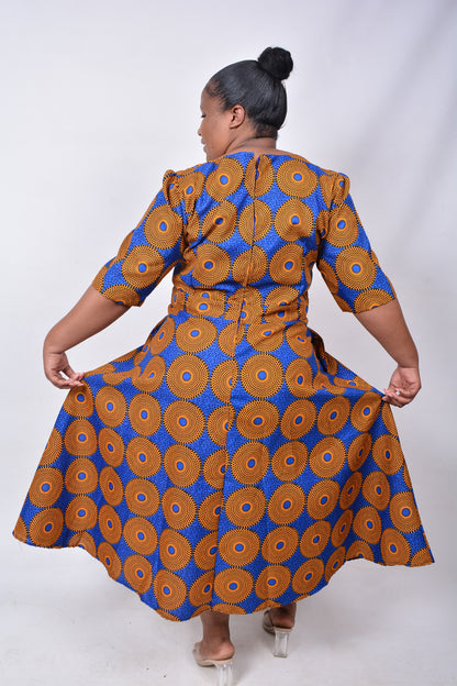 T8261 Ladies Shweshwe Mustard, Blue & Black Dress