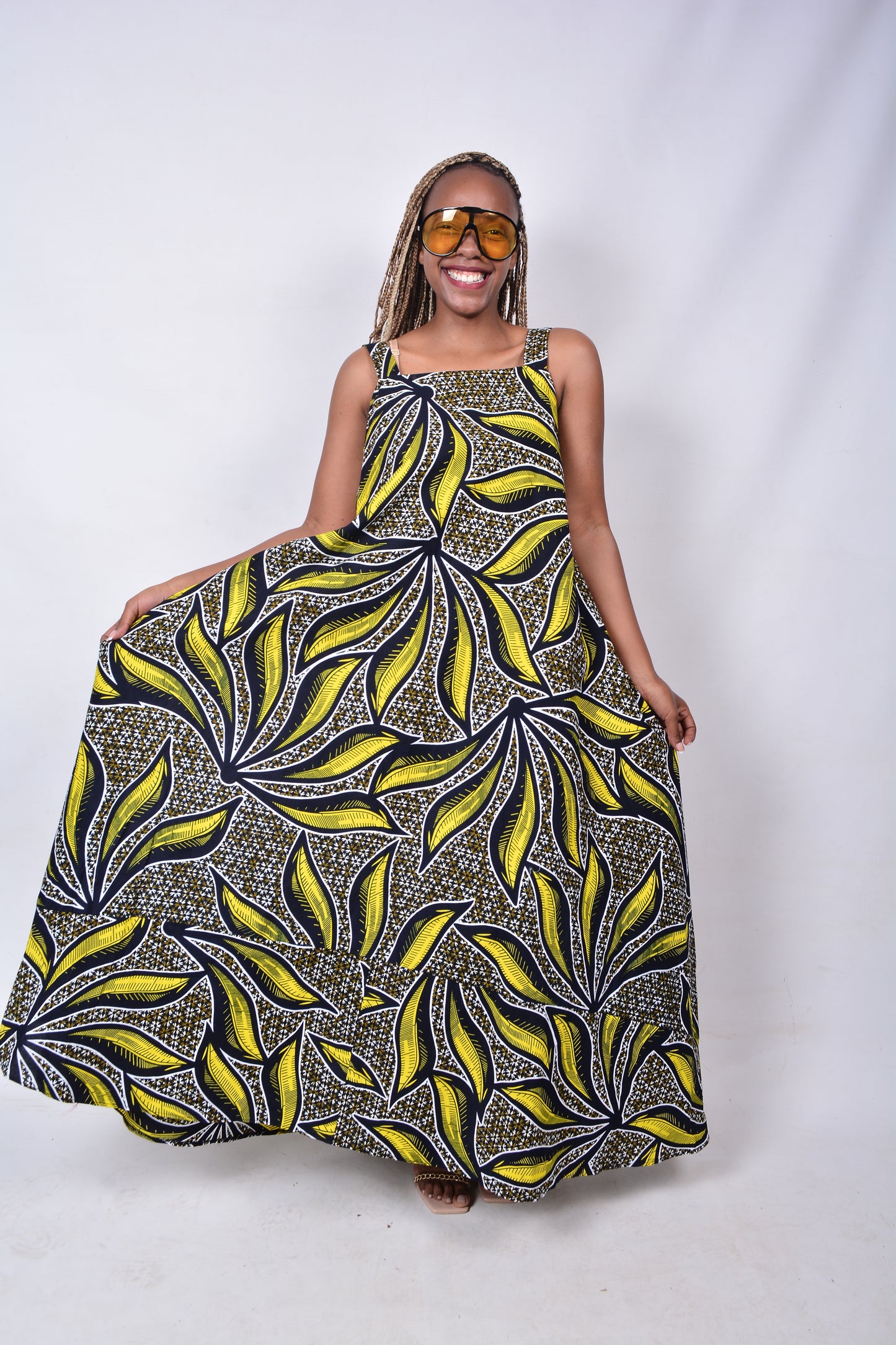 T8277 Traditional African Kente Fabric Yellow, Brown, Navy, White & Black Dress